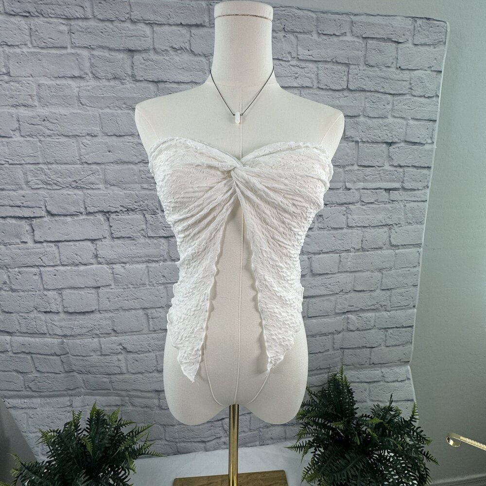 White Textured Lace Twist Front Strapless Tube Top S Coquette